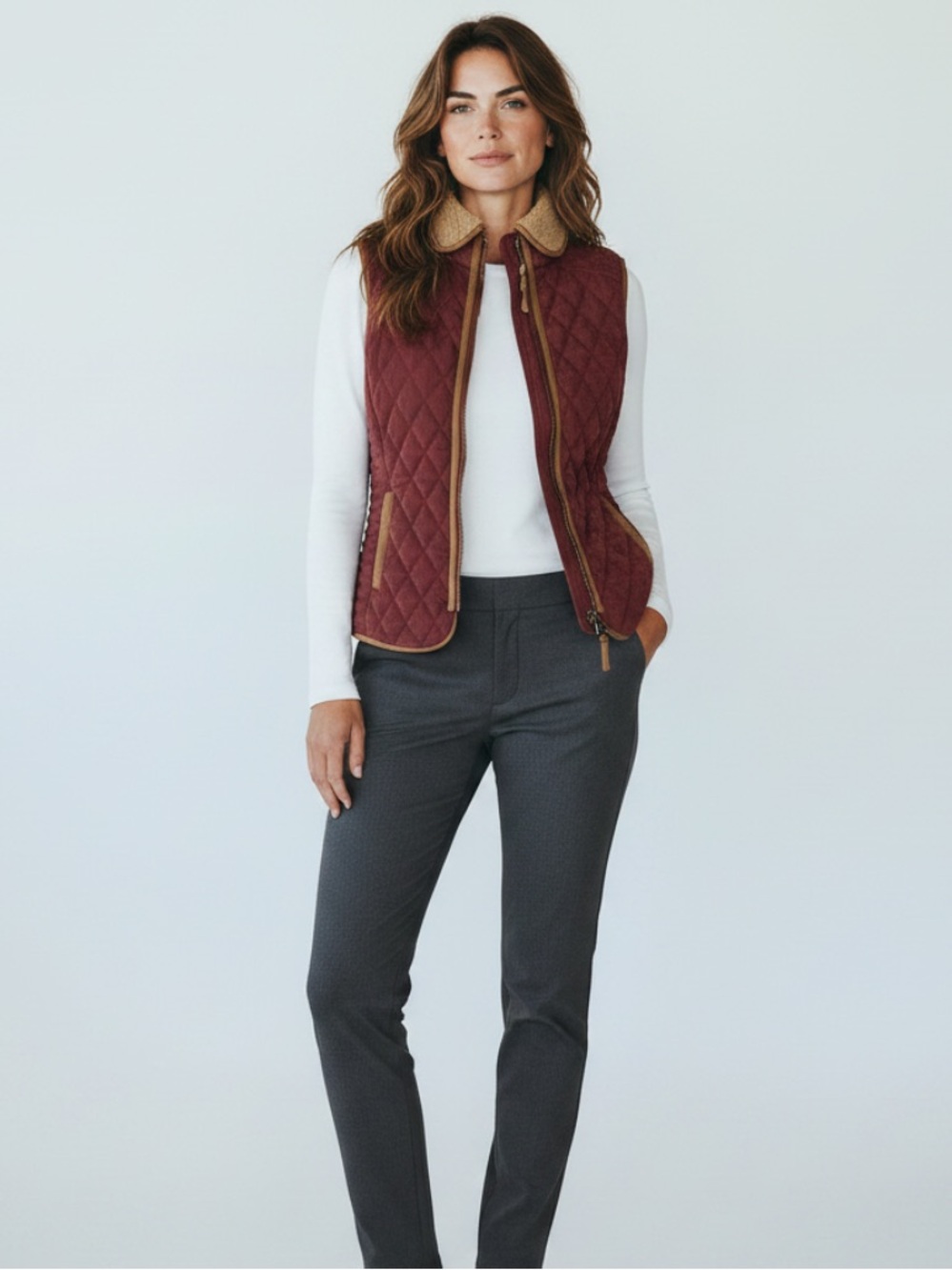 Cremieux Quilted Burgundy Women's Vest with Tan Trim